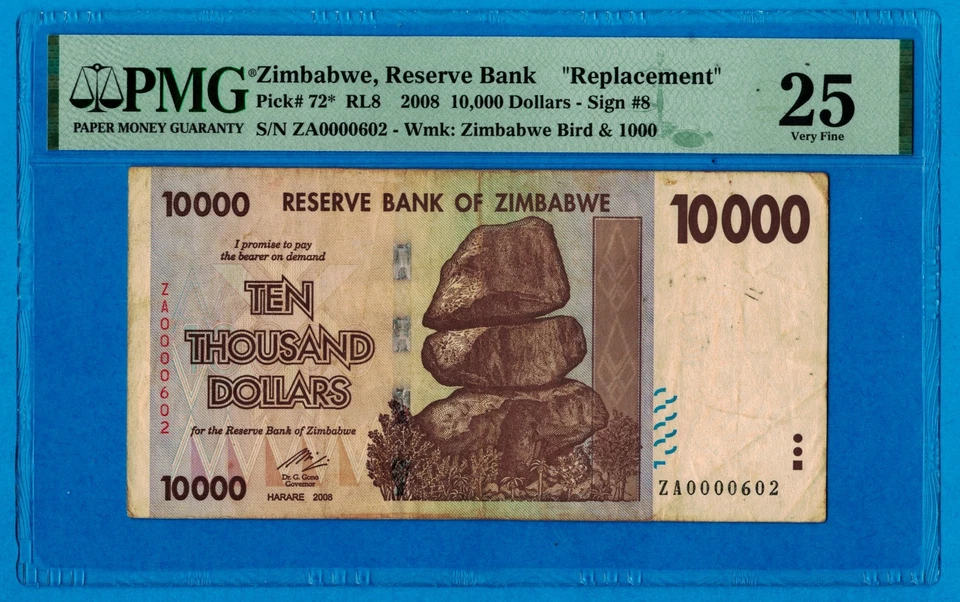 10.000 dólares Zimbabwe 2008 P72* certificado PMG 25 VF raro reemplazo ZA0000602 Foto 1 de 4