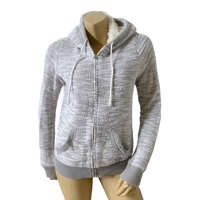 Hollister Mujer M Gris Blanco Cremallera Completa Forrada Sherpa Sudadera con Capucha Chaqueta Cordón Foto 1 de 4