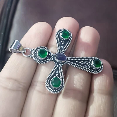 Chrome Diopside & Amethyst Gemstone 925 Sterling Silver Religious Cross Pendant - Image 1 of 4