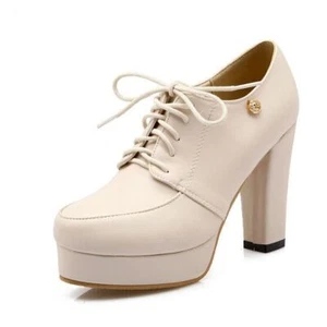 Women’s Retro Lace Up Round Toe Platform High Block Heel Pumps Casual Shoes Size - Foto 1 di 26