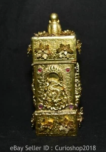 6.8" Qianlong Marked Chinese Bronze Gilt Inlaid Gem Scroll & Dragon Beast Box - Picture 1 of 18