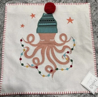 Christmas Santa Octopus Marlo Lorenz Throw Pillow Cover NEW 20x20 Embroidered - Image 1 of 4