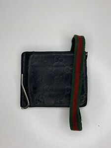Vintage Mens Black Leather Gucci Wallet-  Classic Green/Red Stripe Strap W/Clip