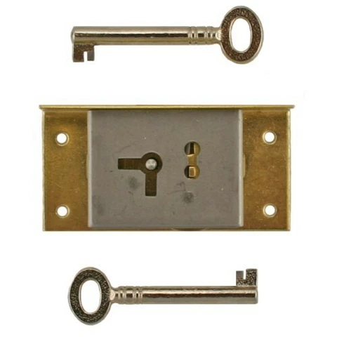 Right Hand Cabinet Door or Drawer Brass Half Mortise Lock w/Two Skeleton Keys Cover