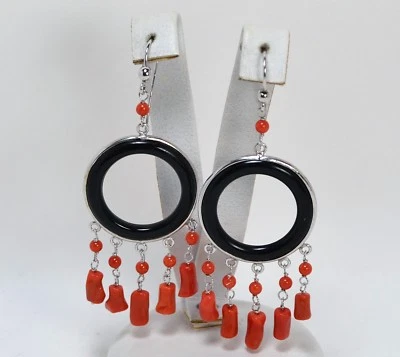 ORECCHINI IN ARGENTO 925 CORALLO ROSSO ONICE CIAMBELLA AGHT 0423 - Immagine 1 di 3