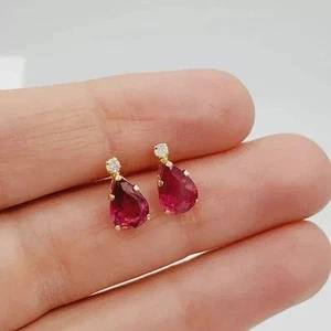 14K Yellow Gold Plated Red Ruby 2Ct Pear Cut Lab-Created Women's Stud Earrings - Picture 1 of 7