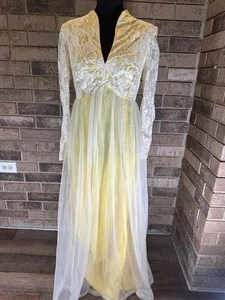 Vtg 60s Lemon Yellow Lace Sweetheart Prom Ball Gown Formal Evening Dress Small - Picture 1 of 6
