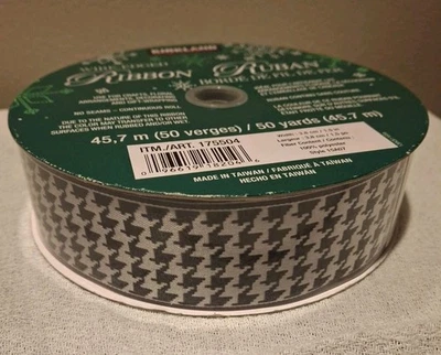 New Kirkland Wire Edged Ribbon Ruban Black Silver Houndstooth 1.5" X 50 Yards - Image 1 of 4