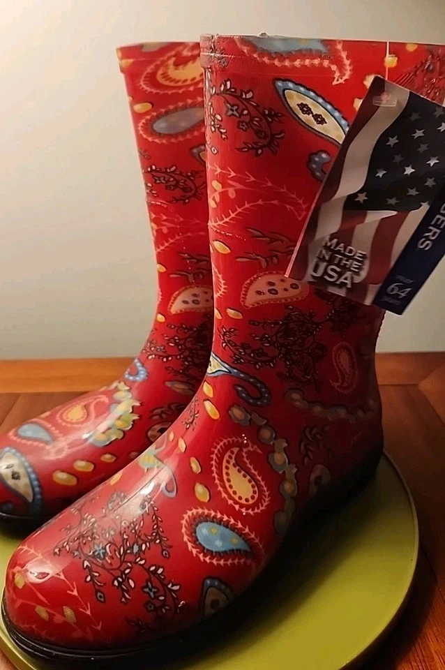 Botas de chuva e jardim Sloggers paisley vermelhas impermeáveis antiderrapantes feitas nos EUA 7 - Imagem 1 de 4