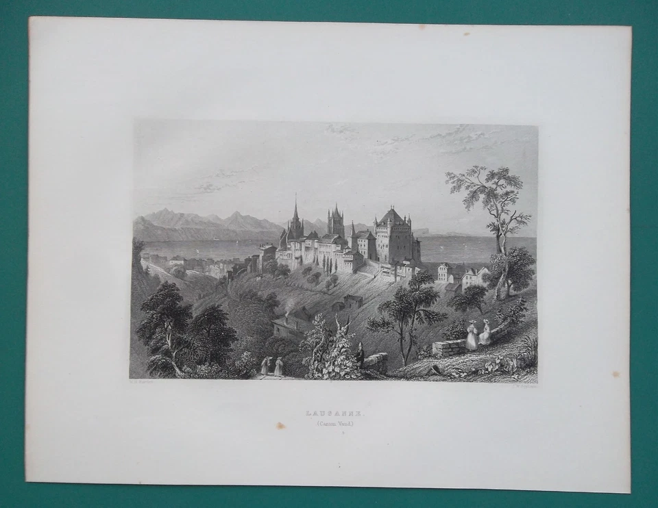 SUIZA Lausana Vista desde la estación de señalización L. Ginebra - Impresión 1838 por Bartlett Foto 1 de 1