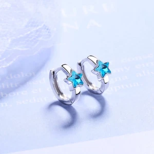 925 Sterling Silver Blue Star CZ Crystal Hoop Circle Huggie Earrings Girls Gift - Picture 1 of 7
