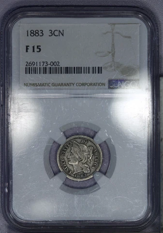 1883 Three Cent Nickel 3CN NGC F15 Beautiful original coin! LB Cover