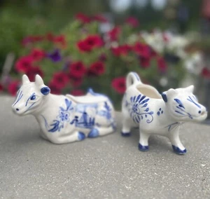 Vintage Cows Blue & White Creamer Sugar Bowl Delft Style Hand Painted Windmill - Picture 1 of 6