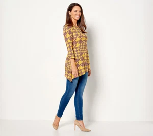 Attitudes by Renee Petite Casknit Houndstooth Asymmetric Top Mustard - Picture 1 of 11