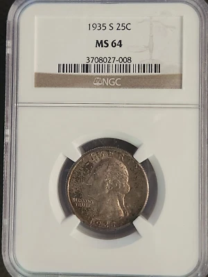 1935 S Silver Washington Quarter NGC MS 64 - Image 1 of 3