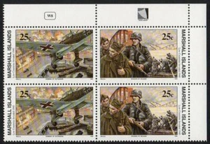 MARSHALL ISLANDS, SCOTT # 249-250, PLATE BLOCK OF ROTTERDAM & BELGIUM INVADED - Picture 1 of 1