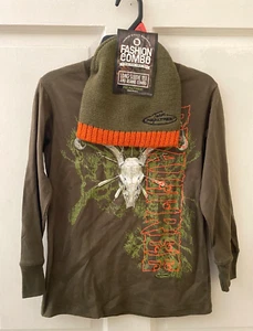 REALTREE Long Sleeve Tee & Beanie COMBO Green Orange T-Shirt Hat Kids Size S 6-7 - Picture 1 of 5