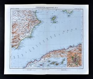 1911 Stieler Map Mediterranean Spain Gold Coast Ibiza Valencia Alacant Almeria