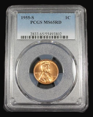1955 S  LINCOLN  WHEAT CENT PENNY PCGS MS 65 UNC MS65RD US COIN CERT# 55493802 - Image 1 of 2