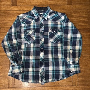 Vintage Wrangler Western Farm Button Pearl Snap Flannel Plaid Pearl Shirt Size L - Picture 1 of 12