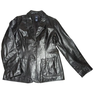 Y2K GAP Womens M Black Genuine Leather Blazer Jacket Two Button Classic - Image 1 of 4