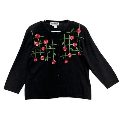 Jack B Quick Vintage Embroidered Floral Black Button Up Cardigan Sweater Women M - Imagem 1 de 4