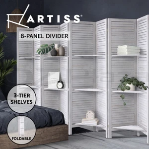 Artiss 8 Panel Room Divider Screen Partition Privacy Timber Shelf Stand White - Picture 1 of 10