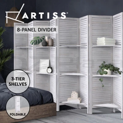 Artiss 8 Panel Room Divider Screen Partition Privacy Timber Shelf Stand White - image 1 of 4
