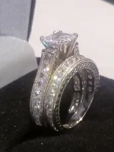 AUSVERKAUF! Prinzessin Antik Stil Ehering Set Simulierter Diamant Sterling - Bild 1 von 6
