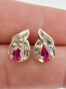 Designer 10K Yellow Gold Lab Created Ruby & Diamond Post Stud Earrings - Picture 1 of 4