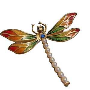 Dragonfly Brooch Pin Carucci Like Lidia Poet Enamel Work w/ Faux Pearl & Crystal - Picture 1 of 4