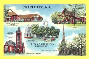 VINTAGE LINEN POST CARD - CHARLOTTE NORTH CAROLINA CITY OF BEAUTIFUL CHURCHES - Picture 1 of 1