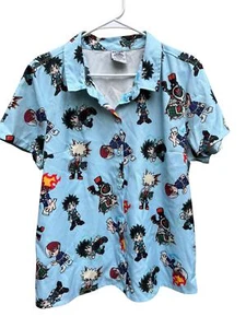 My Hero Academia Funimation Hot Topic Button Up Shirt Size XL Chibi Heroes Blue - Picture 1 of 5