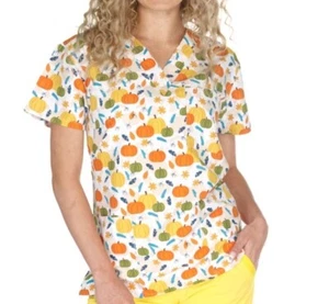 NWT Women's Large Harvest Bliss Fall Print I Love Scrubs Scrub Top - Picture 1 of 1
