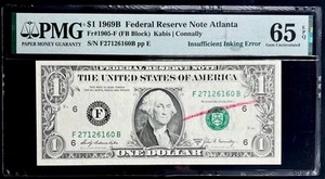 1969B $1 Federal Reserve Note- Insufficient Ink/ Rejection Mark Error PMG#65EPQ - Picture 1 of 4