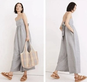 MADEWELL Linen-Blend Tie-Back Wide-Leg Jumpsuit in Faded Shale Size 6 - Picture 1 of 11