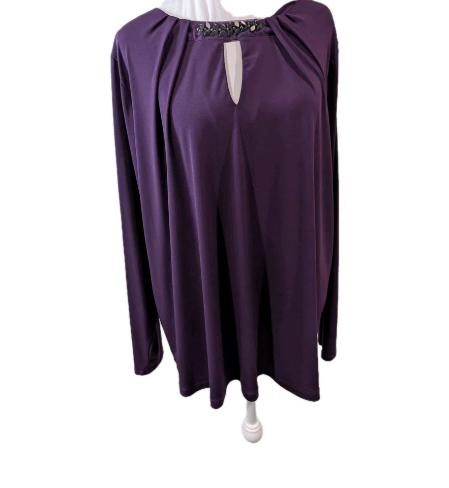 Camisa Blusa Túnica Liz Claiborne Púrpura Para Mujer Talla 1X Escote Adorno Foto 1 de 4