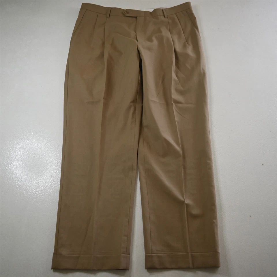 Hart Schaffner Marx 36x30 Khaki 100% Wool Pleated Cuffed Dress Mens Pants - Image 1 of 4
