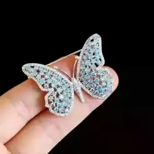 1Ct Lab Created Aquamarine Round cut Butterfly Brooch Pin 14K White Gold Plated - Picture 1 of 4