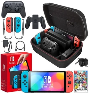 Nintendo Switch OLED Model Neon Red/Blue Case Bundle + Super Smash Bros Ultimate - Picture 1 of 8