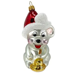 Pinnacle Peak Mouse with Bell Wearing Santa Hat Polish Glass Christmas Ornament - Picture 1 of 9