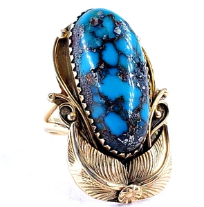 14k Yellow Gold NAVAJO TURQUOISE Womens Ring Size 5.75 Native Southwestern Zuni - Picture 1 of 12