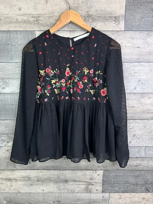 Zara TRF Womens Blouse Top Size Small Black Embroidered Floral Folk Chiffon - Image 1 of 4