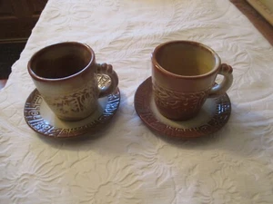 Vintage Frankoma Pottery Cups 7C Saucer Plates 7E Mayan-Desert Gold 2 SETS - Picture 1 of 12