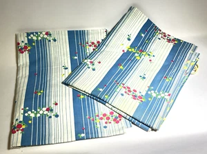 Vintage 1950s Pair Blue White Stripe Floral Cotton Curtains Width 32" Drop 39" - Picture 1 of 5
