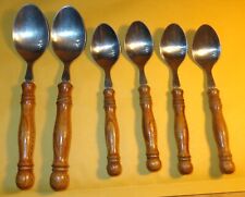 6 SPOONS VTG Flatware Old Homestead Stainless Wood Handle Taiwan 6-1/4" & 7-1/4"