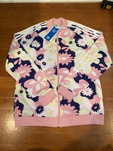 NWT ADIDAS GIRLS FULL ZIP FLORAL TRICOT TRACK JACKET Pink Yellow SZ XL HF7468 - Picture 1 of 4