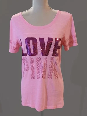 Victoria Secret Love Pink Sequin Bling Womans Tshirt Womans Large Y2k - Image 1 of 4