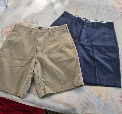 批量 2 件! 全新 Lands End 短裤 男式 34 卡其色/蓝色 Chino 传统版型 棉  — 第 1/4 张图片