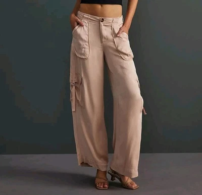 Anthropologie Baby Pink Silky Draped Relaxed Wide-Leg Cargo Pants LG 12 - Image 1 of 4